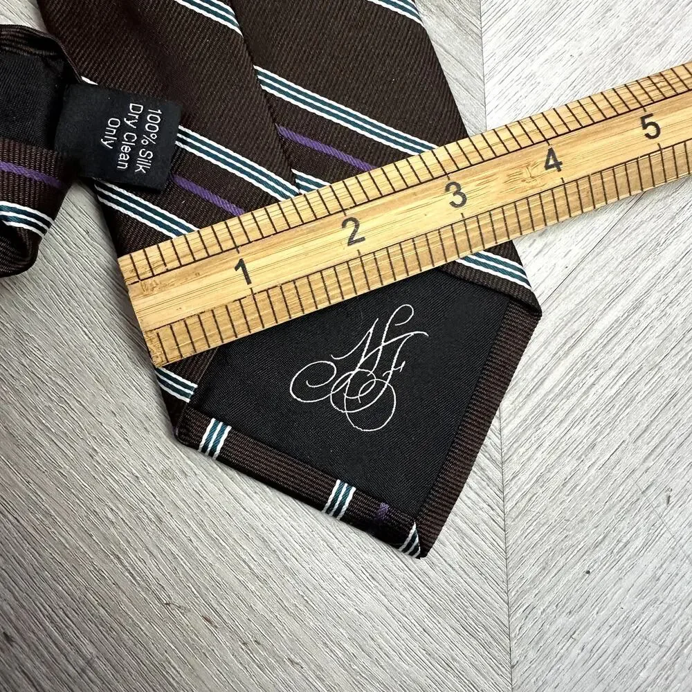 Hickey Freeman Brown Diagonal Stripe Silk Tie Blue White Purple
